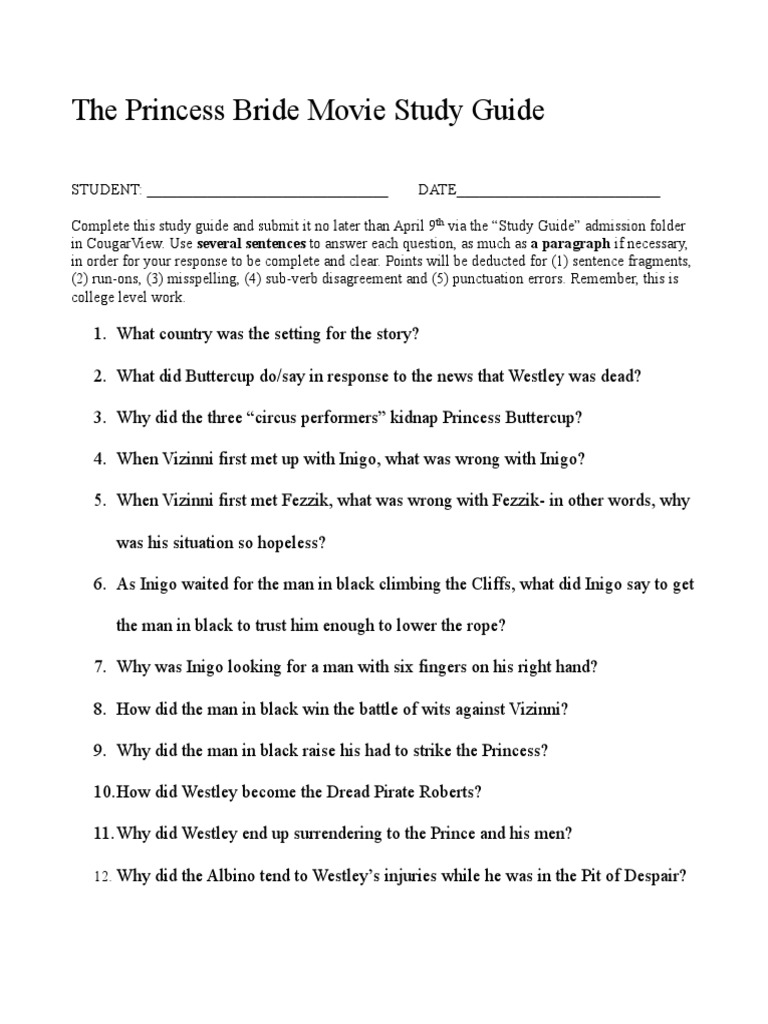 Princess Bride Movie Study Guide | PDF | Language Arts & Discipline