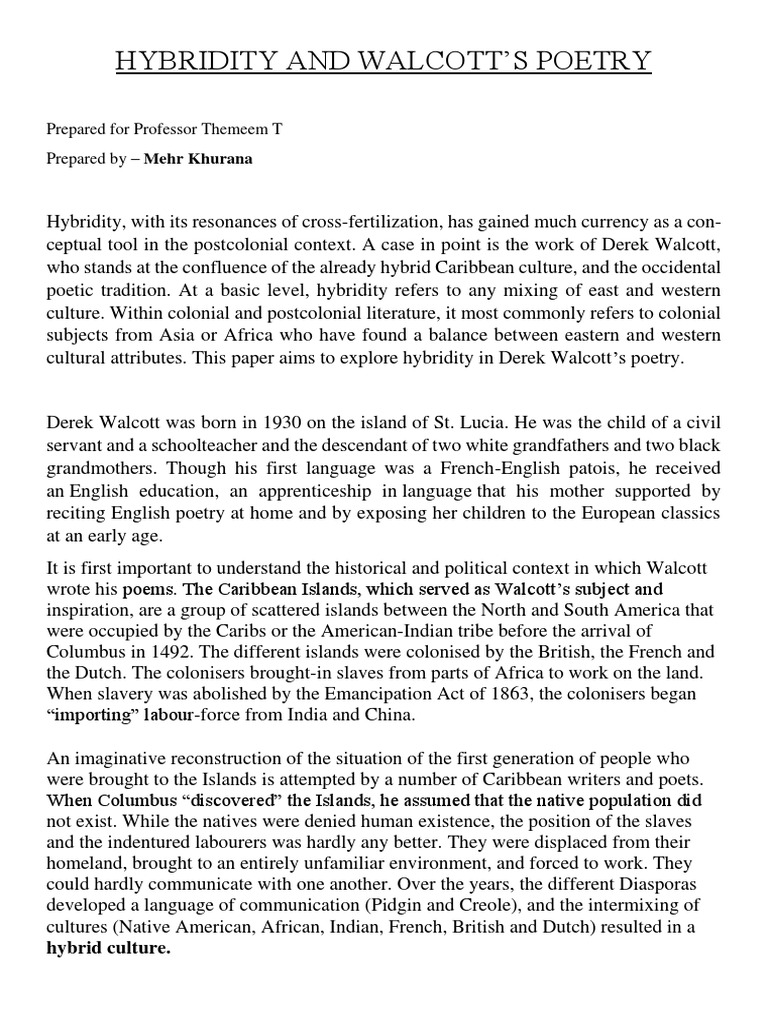 HYBRIDITY AND WALCOTT Final PDF | PDF | Colonialism | Poetry