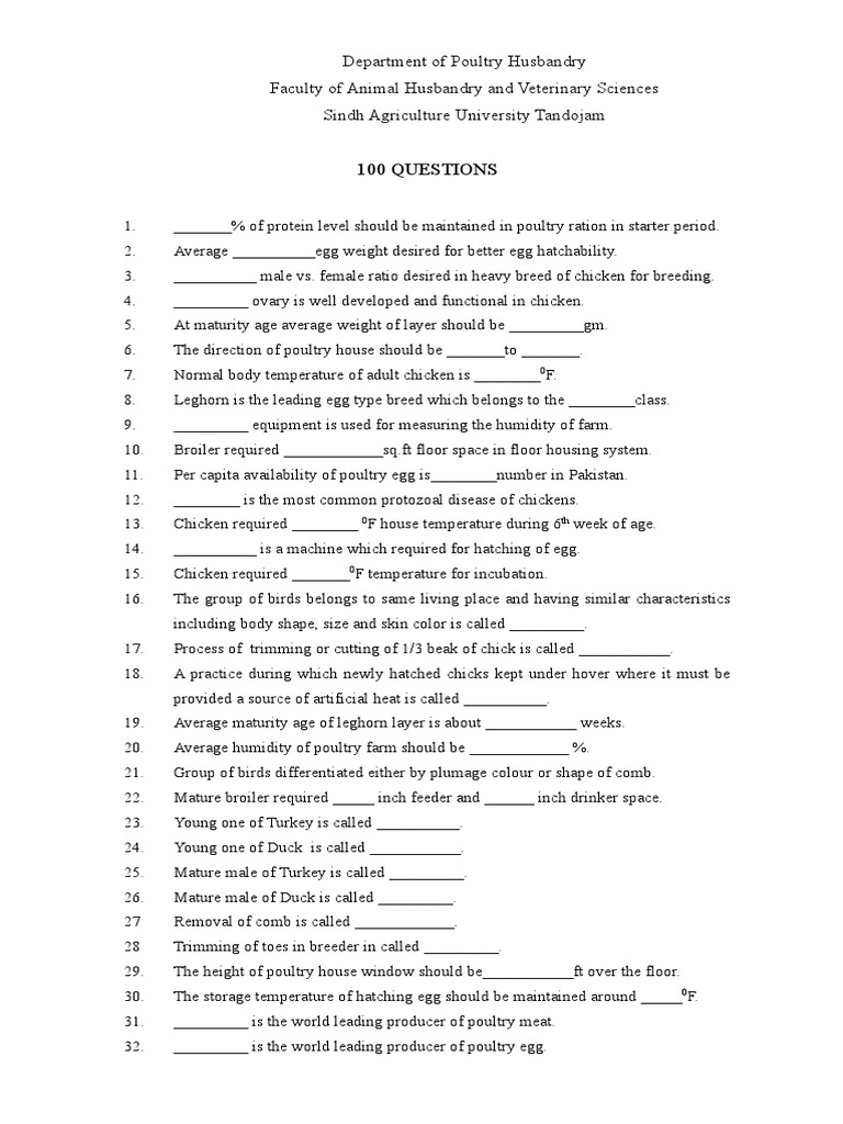 100 Mcqs of Poultry | PDF | Chicken | Poultry Farming