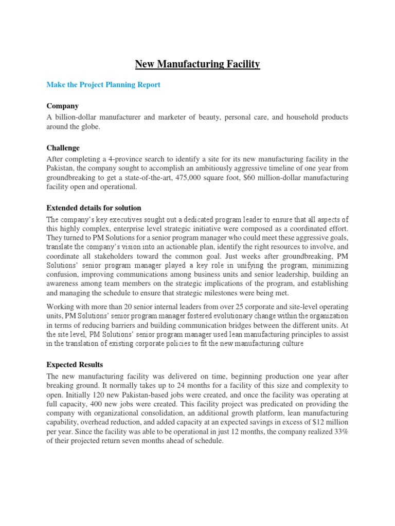 New Manufacturing Facility: Make The Project Planning Report | PDF ...