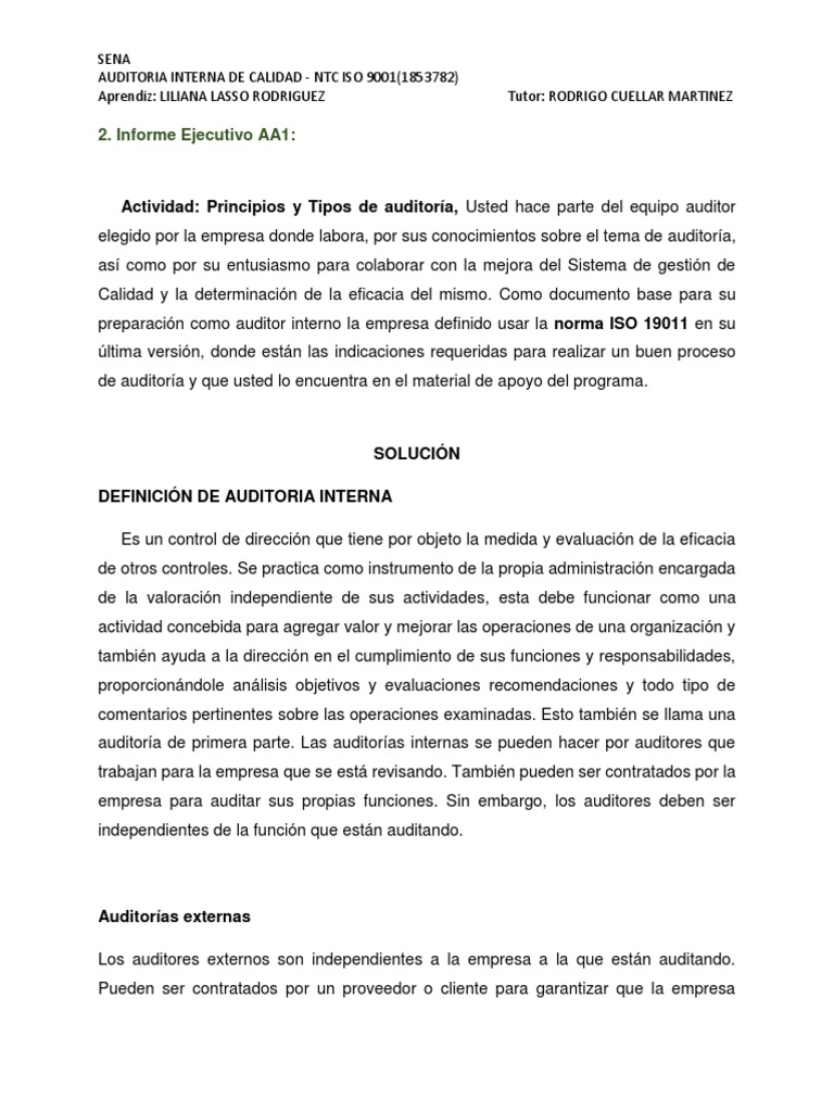 Actividad 1 Informe Ejecutivo Auditoria Calidad 2019 | PDF | Auditoría ...
