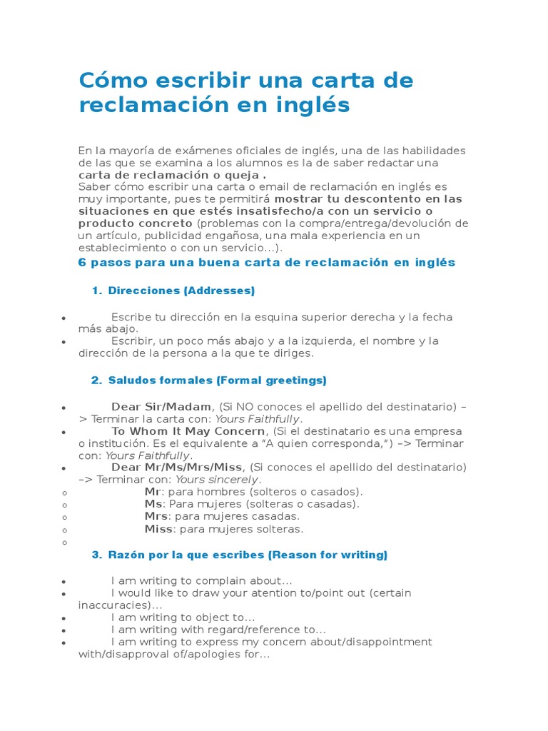 Carta De Reclamacion En Ingles Ocio