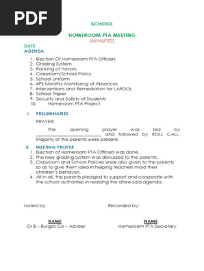 Sample Pta Minutes of the Meeting