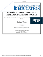 Certificate of Completion Dyslexia Awareness Module: Bailey Yates