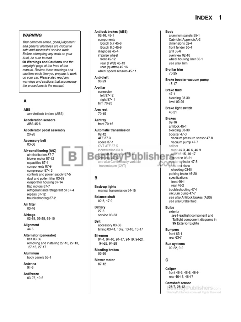 Audi A4 (B6, B7) Service Manual 20022008 Complete Index Air