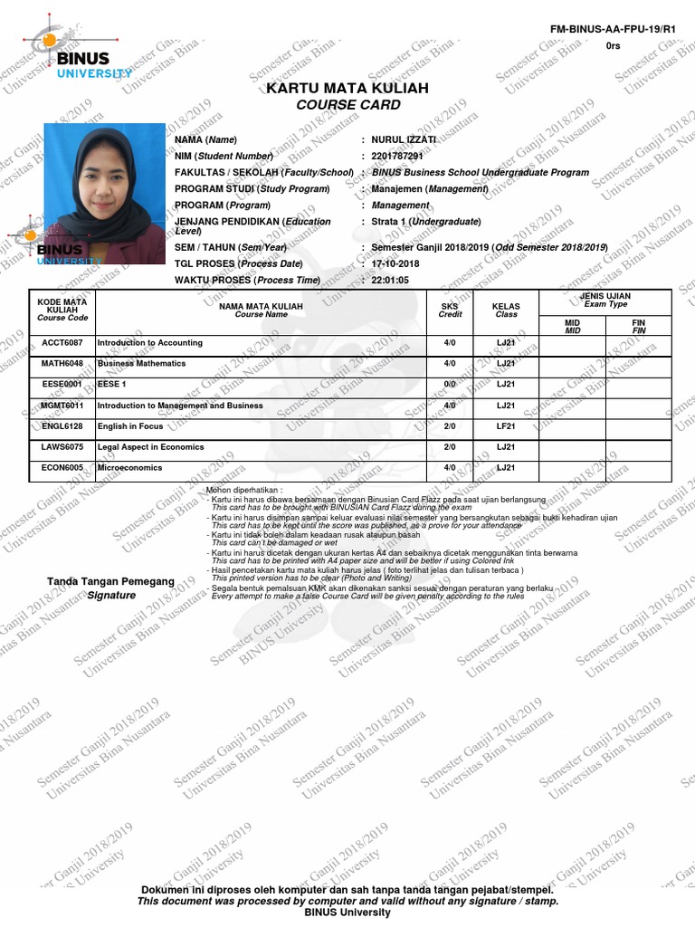 Course Card for Nurul Izzati, Student Number 2201787291, Studying ...
