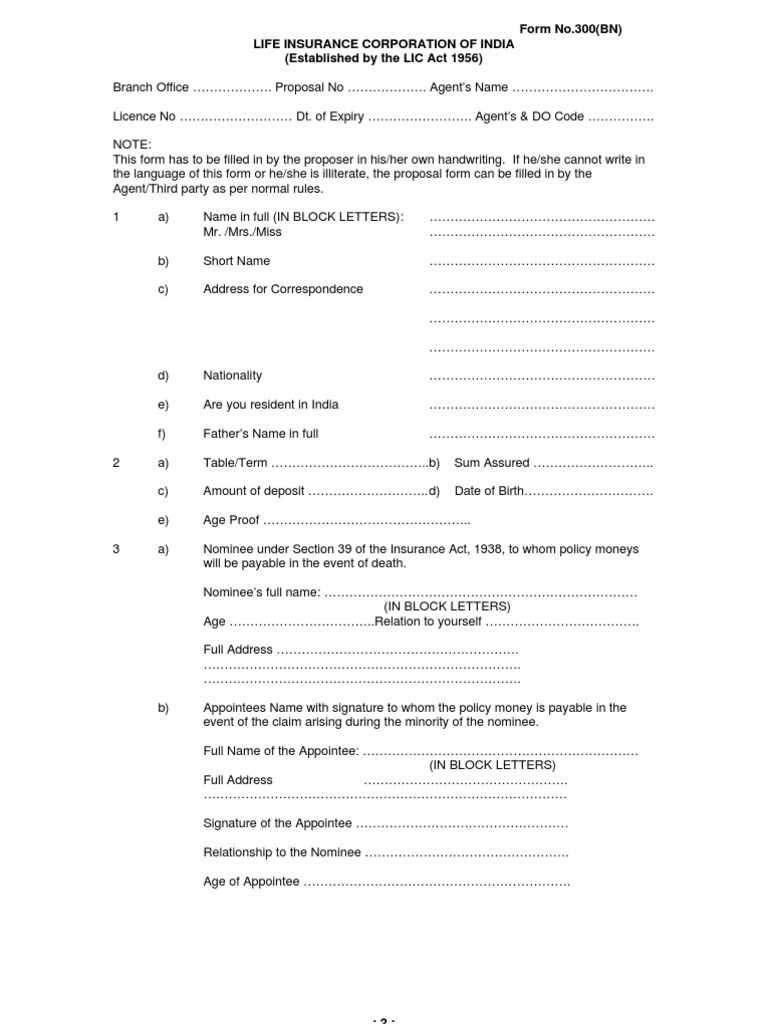 LIC Form 300 Proposal Instructions | PDF