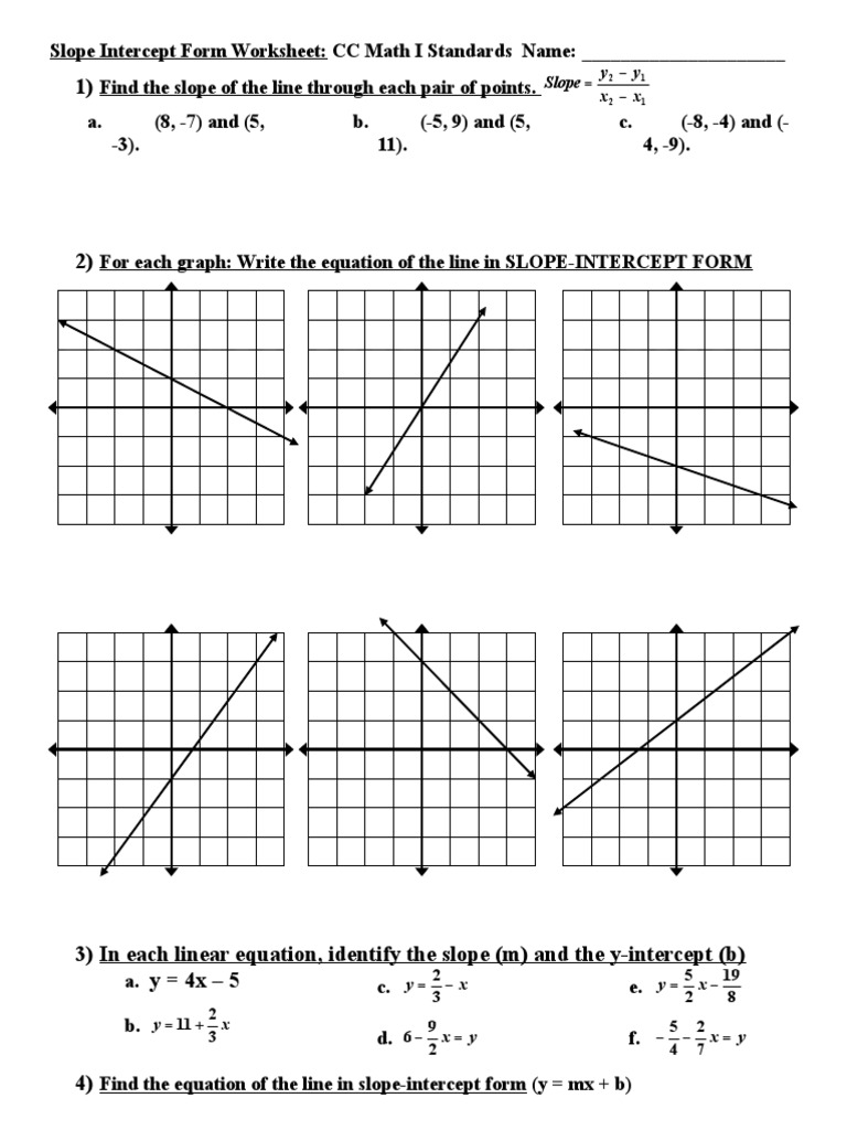 ax+by c slope and y intercept Inside Graphing Slope Intercept Form Worksheet