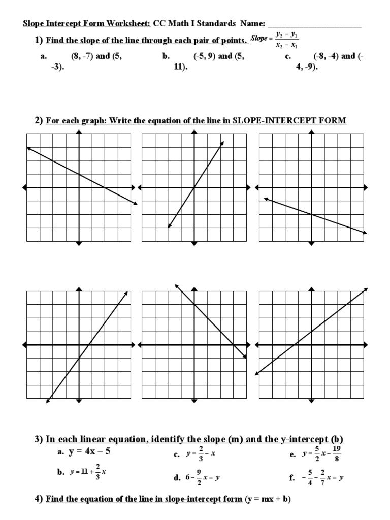 ax+by c slope and y intercept For Slope Intercept Form Worksheet