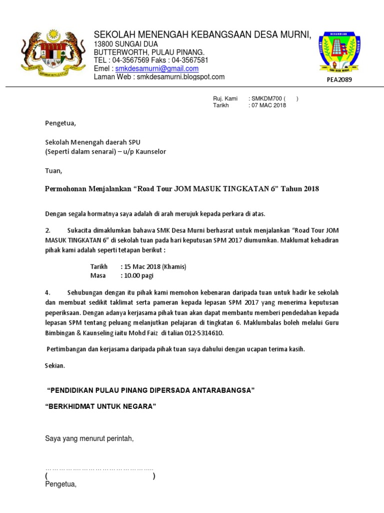 Surat Permohonan Road Tour Jom Masuk Tingkatan 6 Pdf