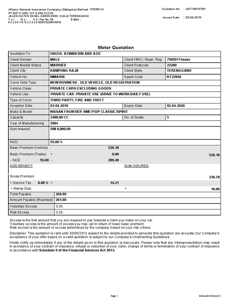 Motor Quotation Allianz General Insurance Company (Malaysia) Berhad