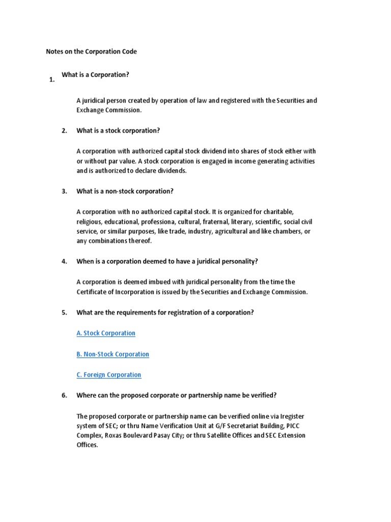 Notes On The Corporation Code | PDF | Corporations | Stocks