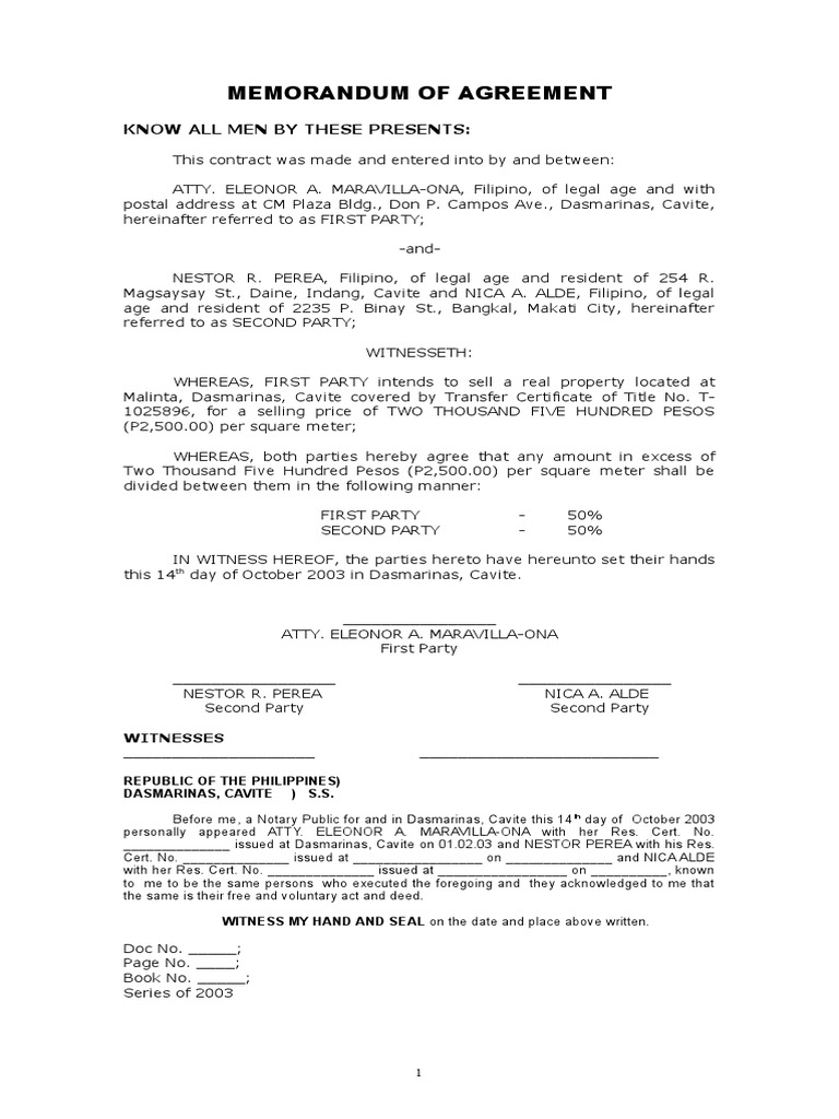 Memorandum of Agreement | PDF | Property | Civil Law (Legal System)