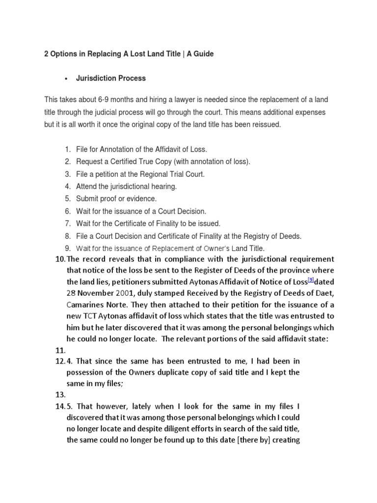 2 Options in Replacing A Lost Land Title - A Guide | PDF | Affidavit ...