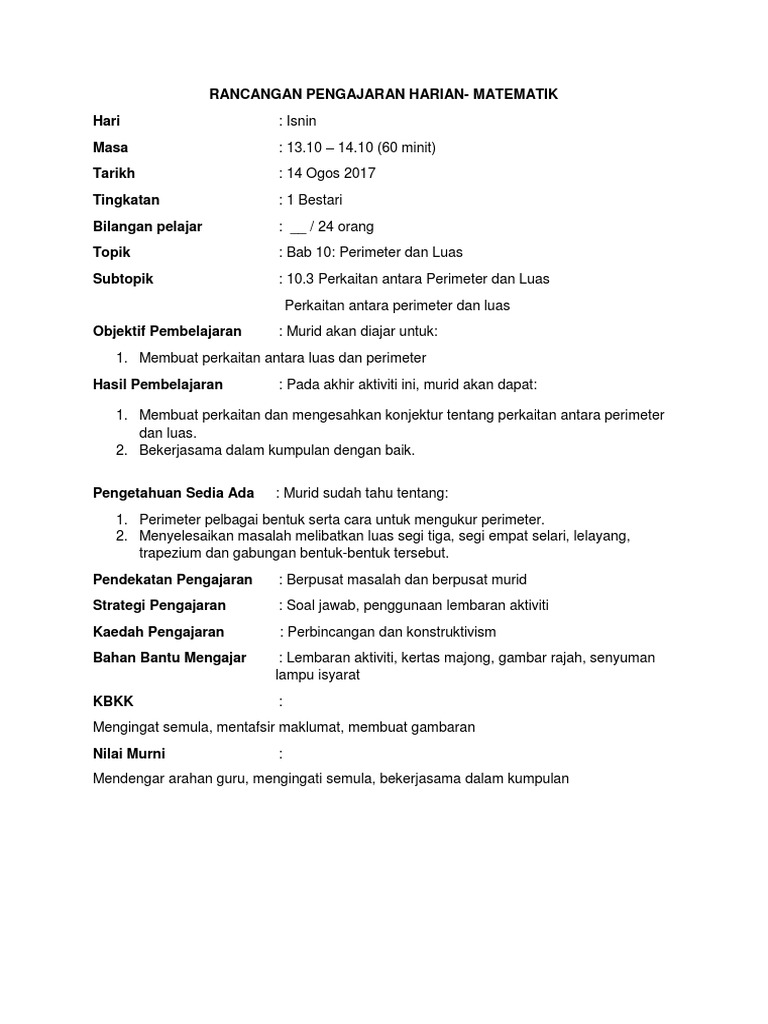 Contoh Rph Matematik Pdf