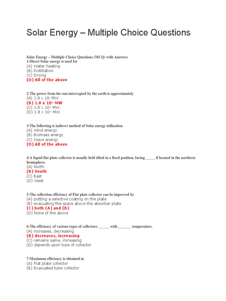 Solar Energy Multiple Choice Questions (D) All of The Above PDF