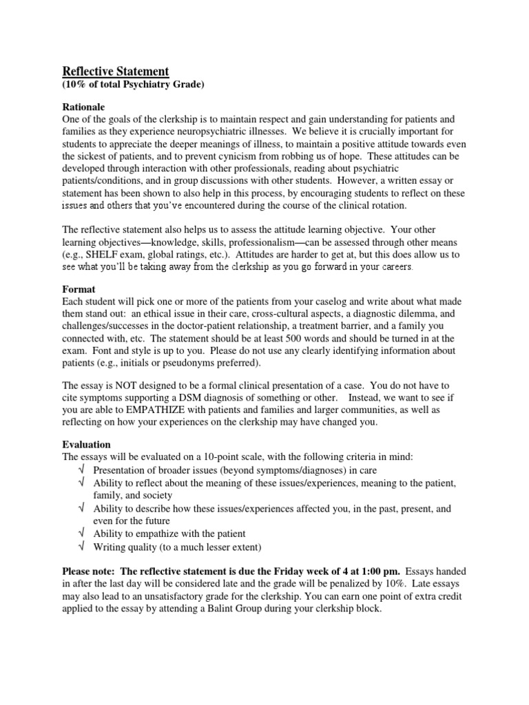 Reflective Statement: (10% of Total Psychiatry Grade) Rationale | PDF ...