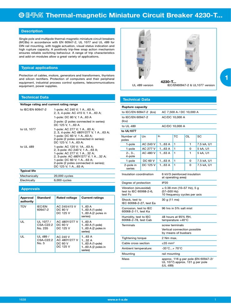 Miniature Circuit Breaker 4230T Protection for