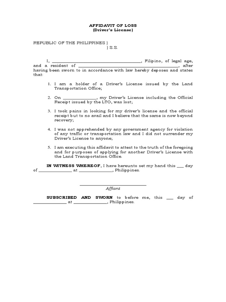 Affidavit Of Loss Driver s License Affiant PDF
