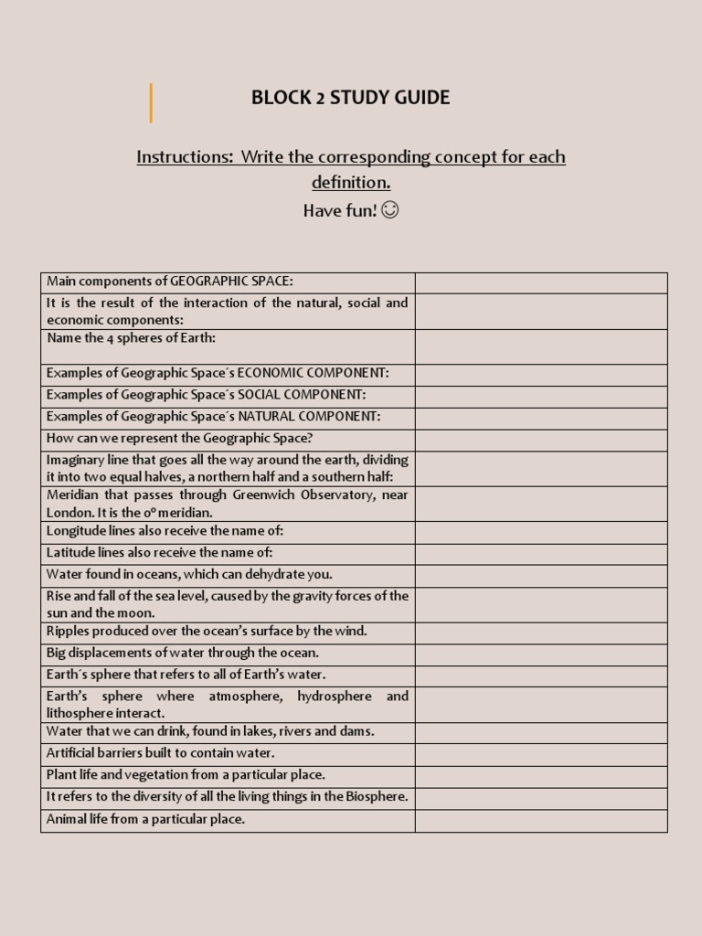 Block 2 Study Guide: Instructions: Write The Corresponding Concept For ...