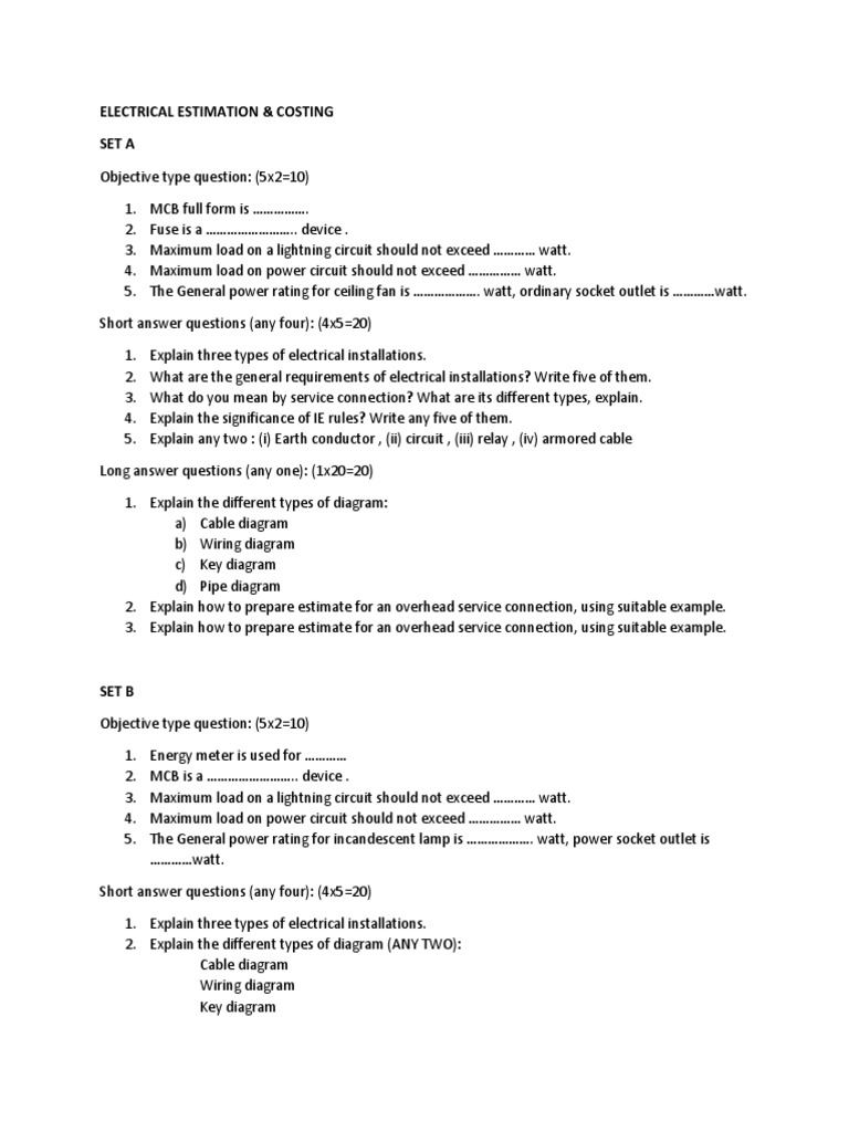 Electrical Estimation & Costing Set A | PDF