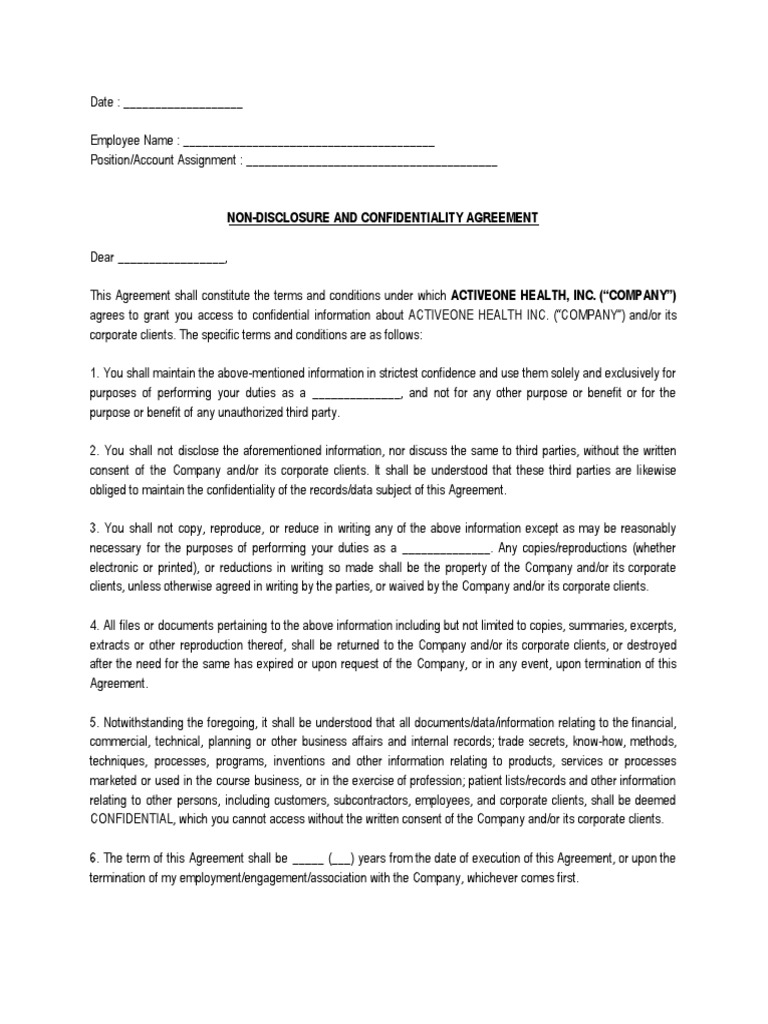 ActiveOne Health Non-Disclosure Agreement | PDF | Confidentiality | Non ...