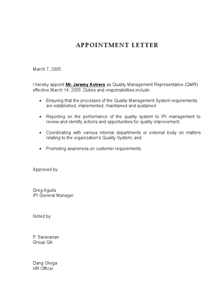Appointment Letter Quality Management System Iso 9000