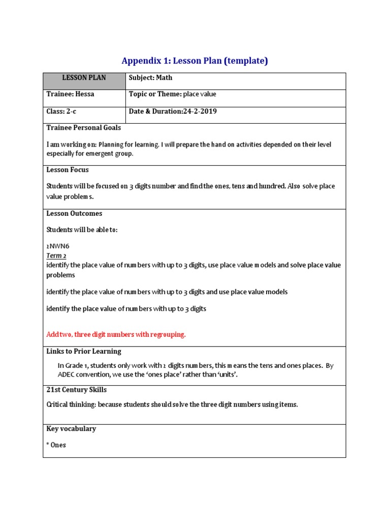 Grade 2 Place Value Lesson Plan | PDF | Lesson Plan | Education Theory