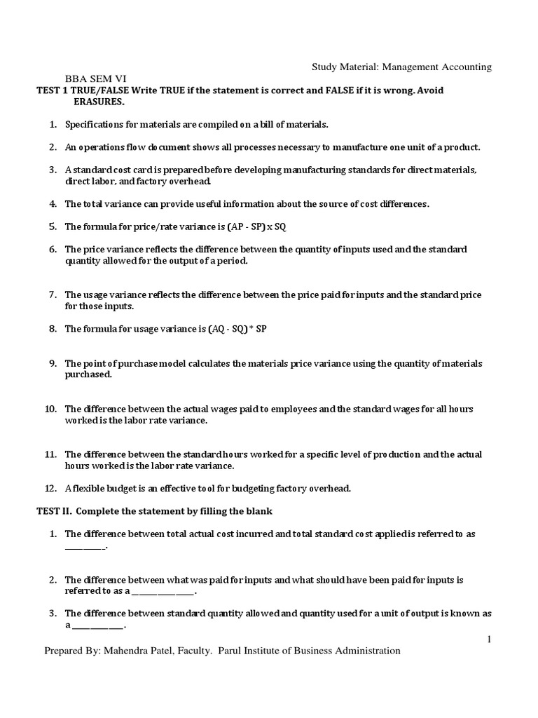 Study Material: Management Accounting Bba Sem Vi | PDF | Cost ...