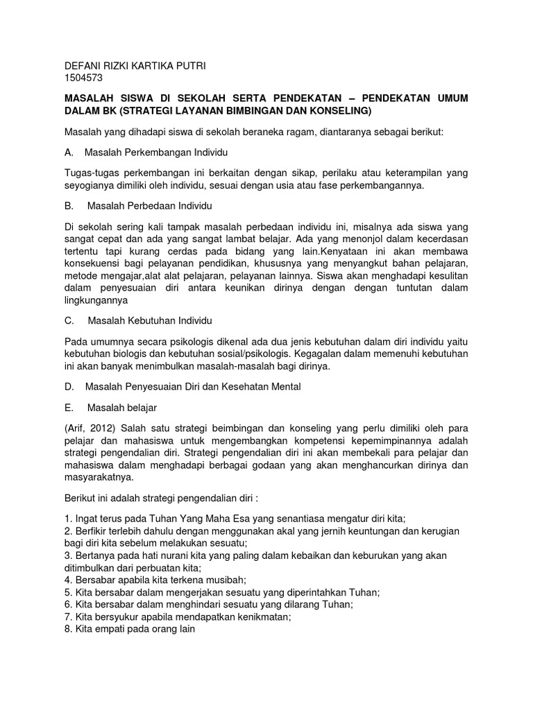 Masalah Siswa Di Sekolah Serta Pendekatan Pendekatan Umum Dalam Bk Strategi Layanan Bimbingan Dan Konseling Docx