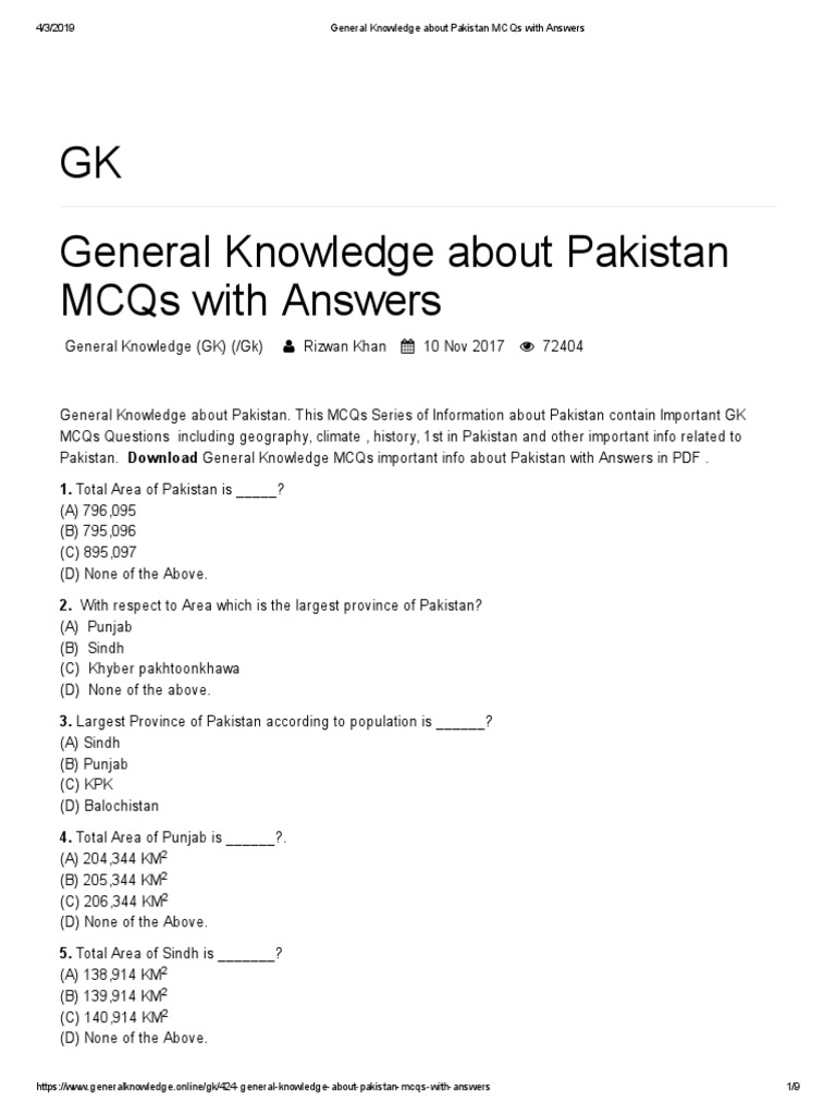 Pakistan General Knowledge MCQs PDF | PDF | Pakistan | Muhammad Ali Jinnah