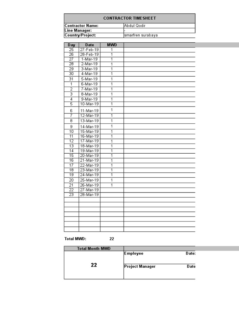 Contractor Timesheet Contractor Name: Line Manager: Country/Project ...