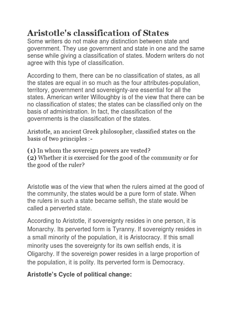 Aristotle's classification of States Sovereignty Government