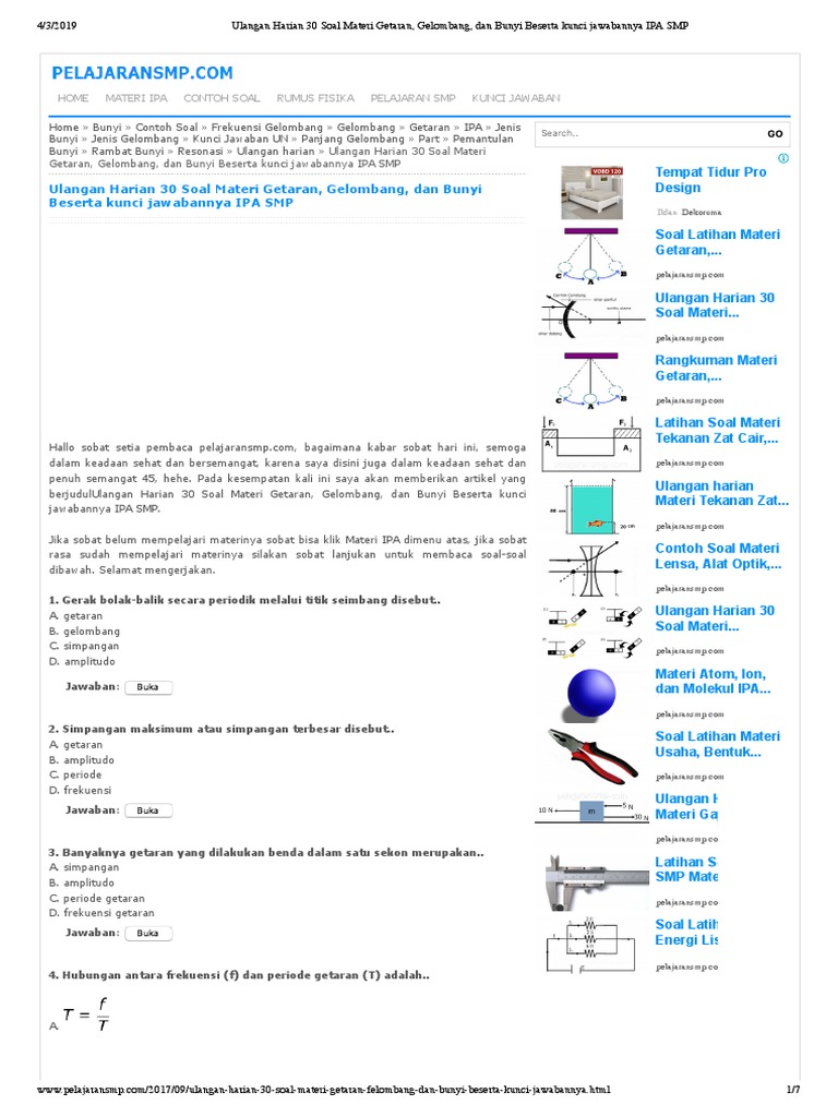 Ulangan Harian 30 Soal Materi Getaran Gelombang Dan Bunyi Beserta Kunci Jawabannya Ipa Smp