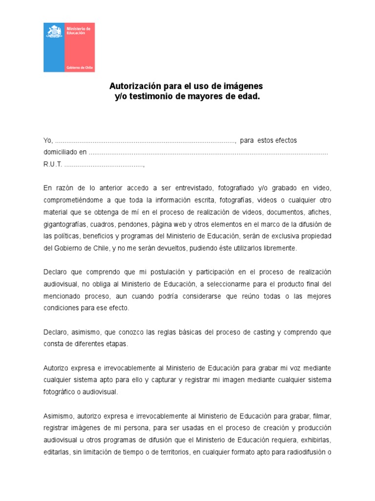 Formulario Autorizacion Difusion de Imagenes Adultos | PDF | Vídeo | Imagen, image size:768x1024