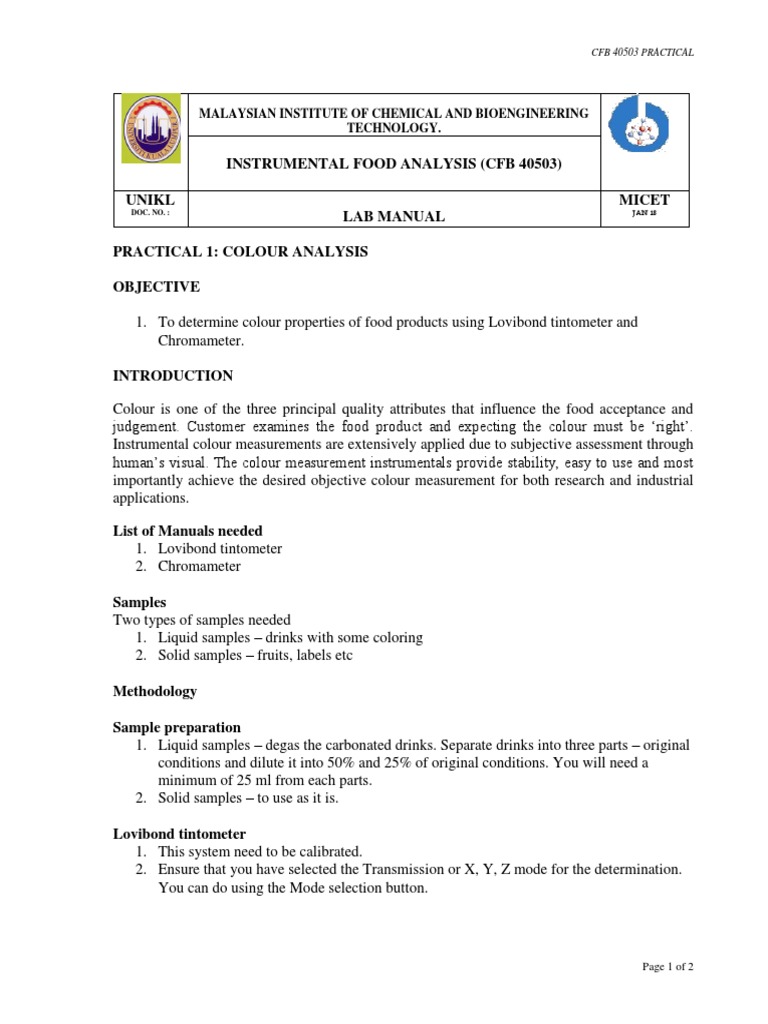 Instrumental Food Analysis (CFB 40503) Unikl Lab Manual Micet PDF