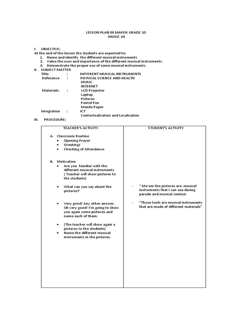 Lesson Plan In Mapeh Grade 10 Musical Instruments Behavior Modification