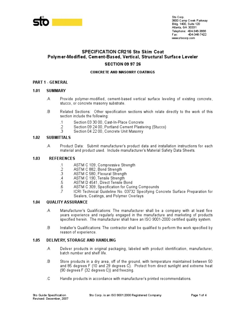 Sto Skim Coat 82216 Guide Specifications B26371 | PDF | Specification ...