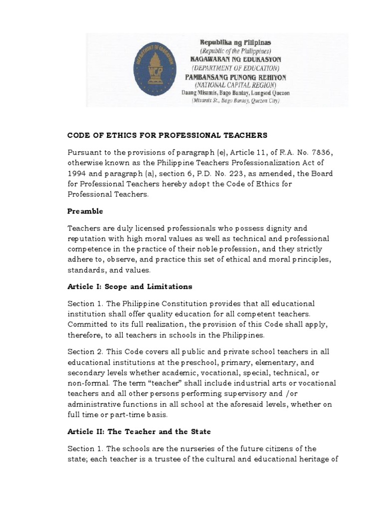 Code Of Ethics For Professional Teachers Pdf Profession Teachers