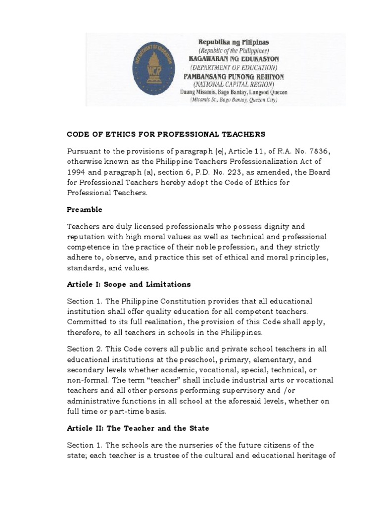 Teacher Code Of Ethics Philippines