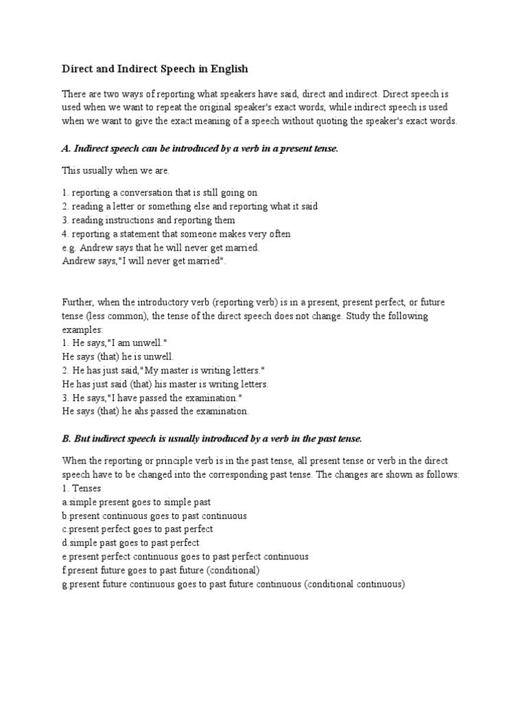 Direct and Indirect Speech in English | PDF | Grammatical Tense ...