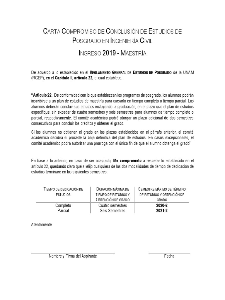Carta Compromiso de Término de Estudios de Posgrado | PDF