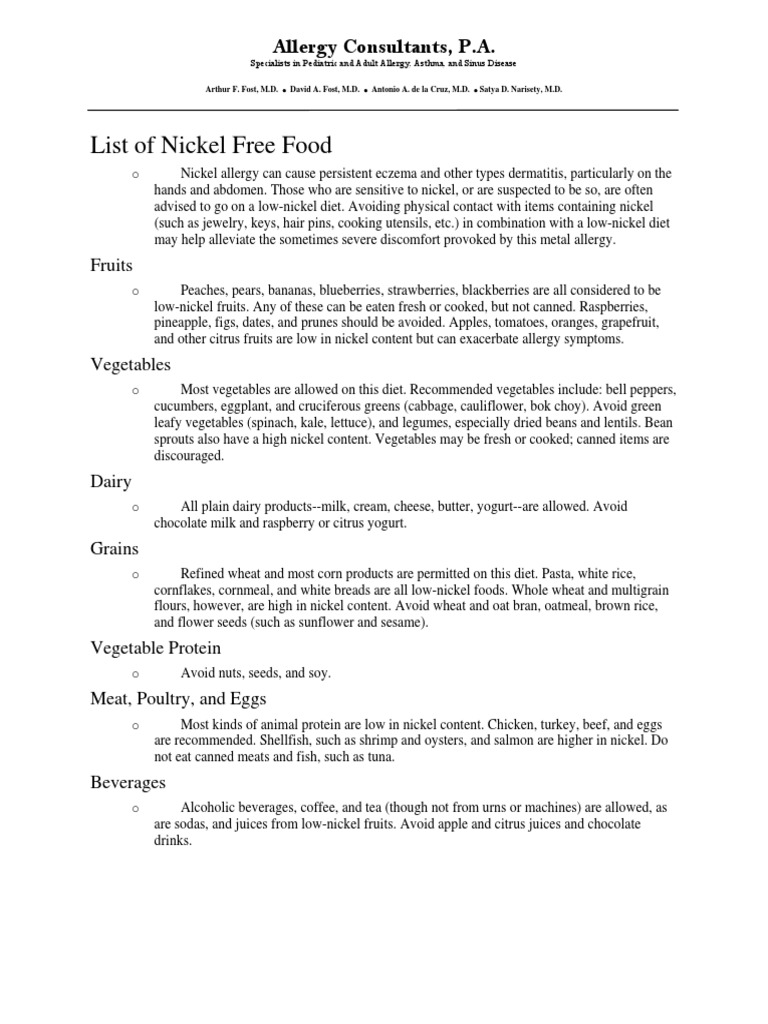 List of Nickel Free Food PDF Fruit Vegetables