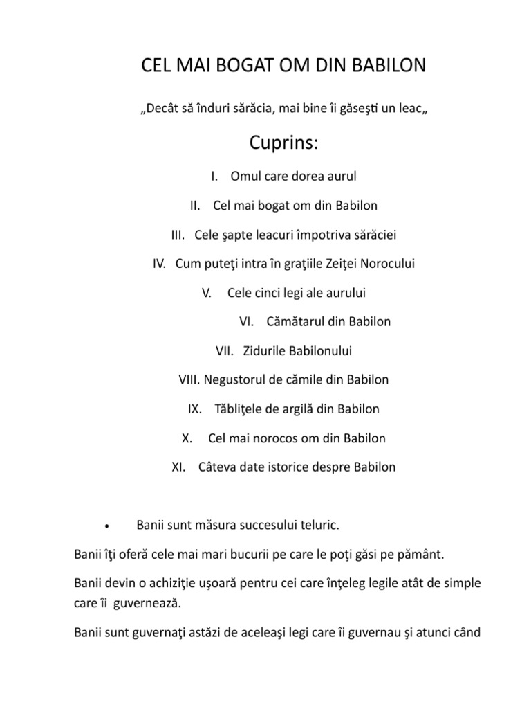 ,,rezumat,, Cel Mai Bogat Om Din Babilon . | PDF