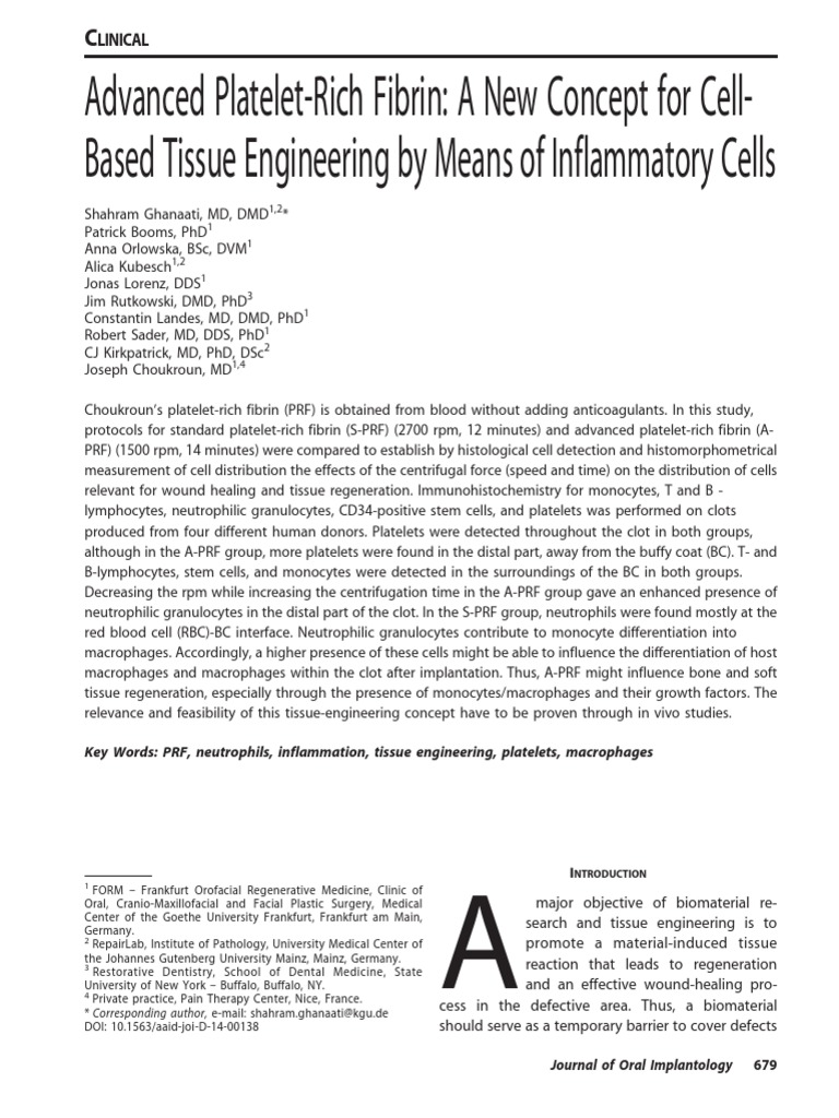 Advanced Platelet-Rich Fibrin A New Concept For Cell-Based Tissue ...