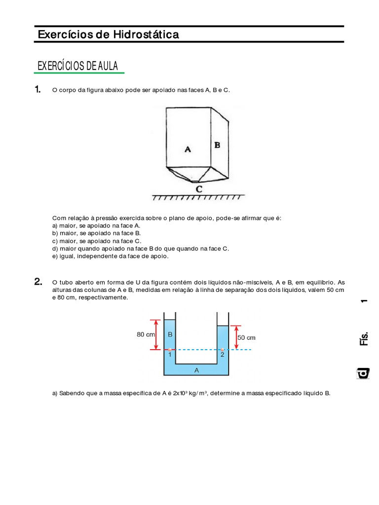 Fisica Exercícios de Hidrostática | PDF | Flutuabilidade | Pressão
