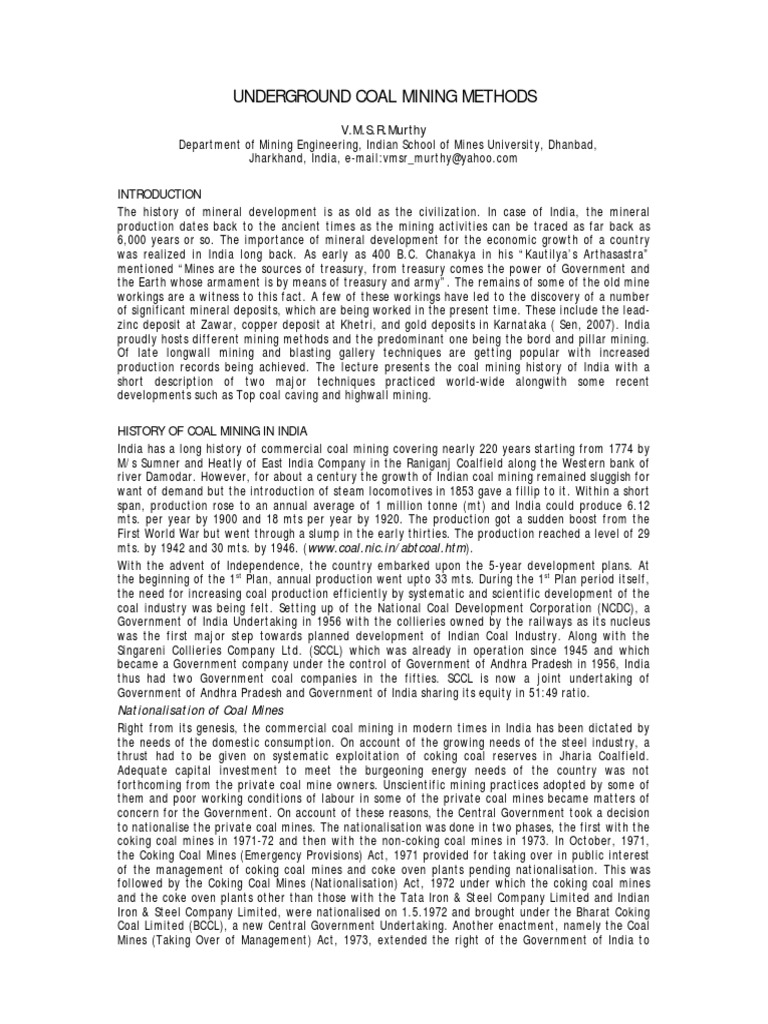 Underground Coal Mining Methods - A Review | PDF | Coal Mining ...