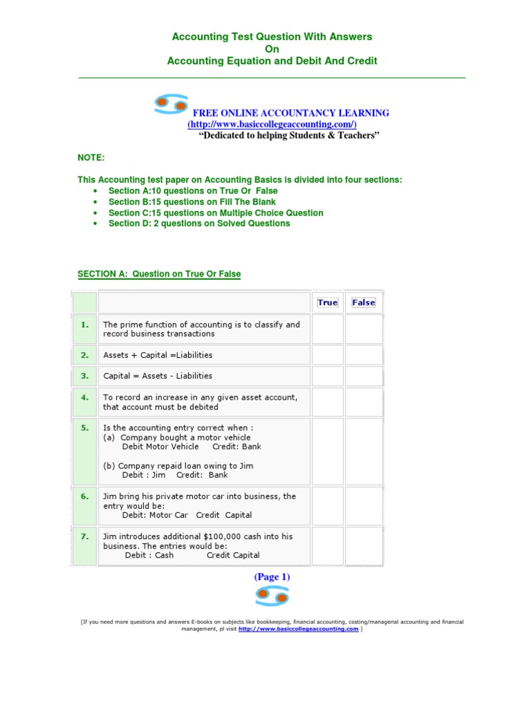 Accounting Equation Test Questions | PDF | Multiple Choice | Teaching ...