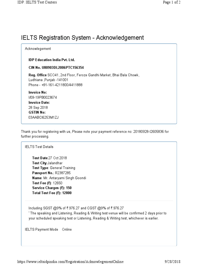 IELTS Registration Acknowledgement Receipt | PDF | Finance & Money ...