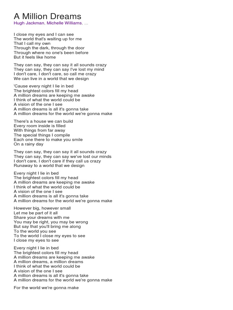 A Million Dreams Lyrics Docx Piano Leisure